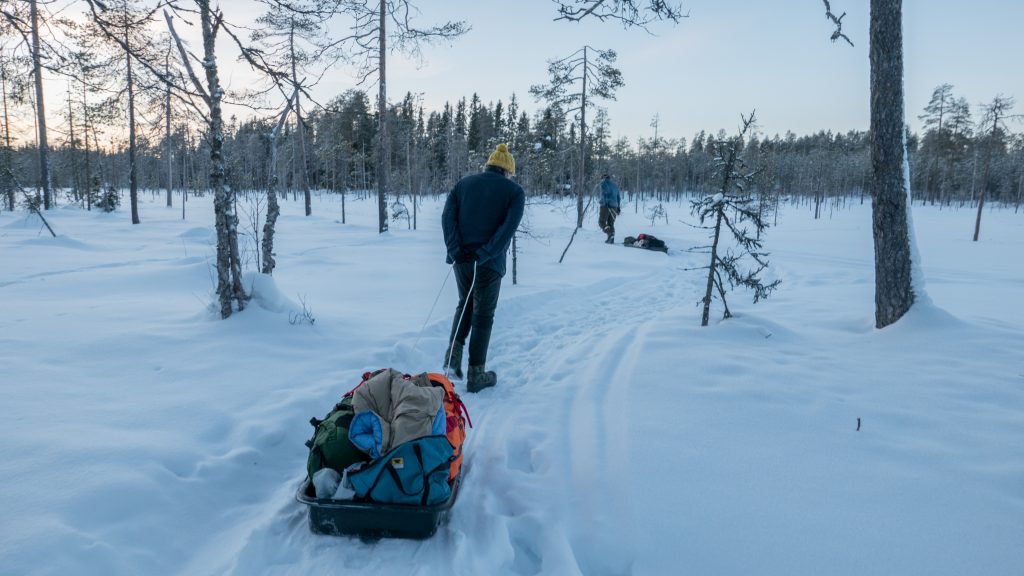 A man in blue coat walking on snow pulling grey wagon with luggages near trees during daytime